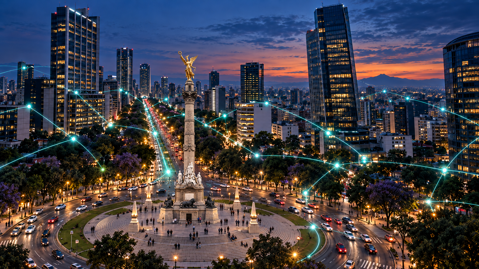 Interpretación del Ángel de la Independencia al anochecer, conectado con la ciudad por luces verde agua.