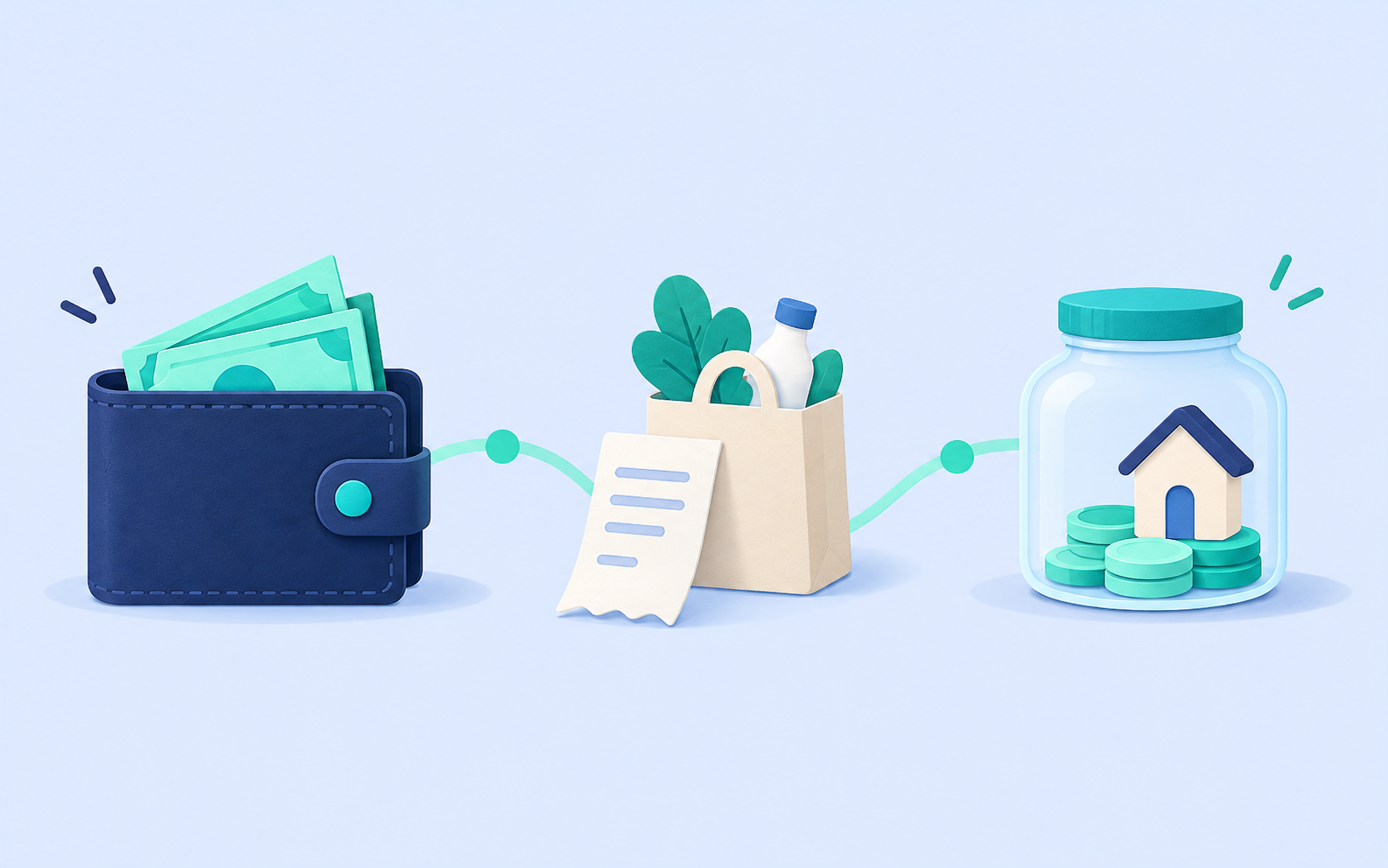 Una cartera para tus ingresos, compras para tus gastos y un frasco de ahorro para tus metas.